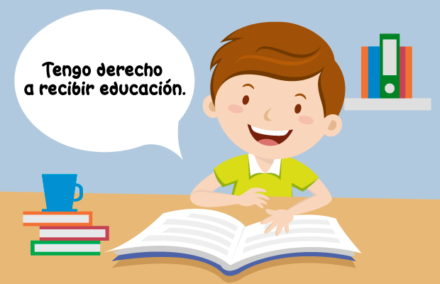 Niño estudiando, dice: "Tengo derecho a recibir educación."