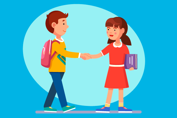 Niño y niña saludándose con la mano