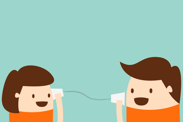 Dos personas hablando a través de un teléfono de vasos