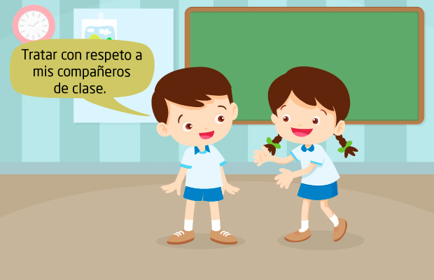 Niño y niña compañeros de clase. Niño: "Tratar con respeto a mis compañeros de clase."