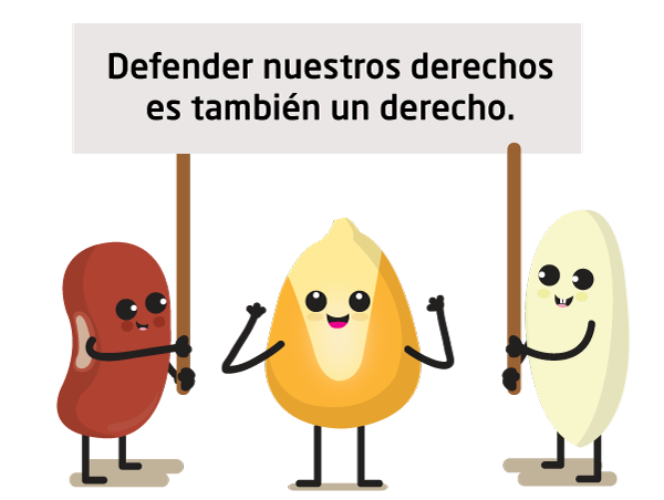 Semillas con cartel: "Defender nuestros derechos es también un derecho".