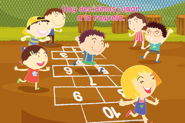 Niños y niñas jugando a la rayuela en el recreo. "Hoy decidimos jugar a la rayuela"