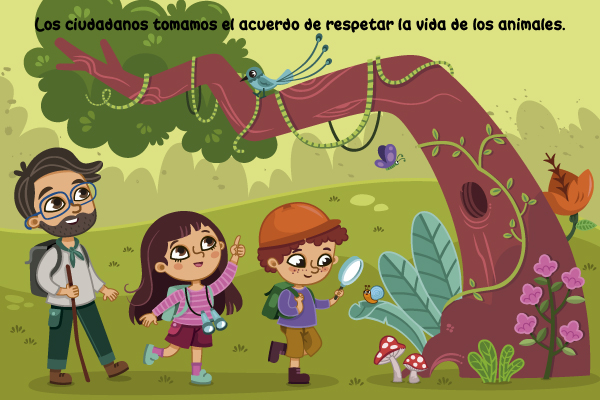 Hombre con niño y niña en un viaje de exploración. "Los ciudadanos tomamos el acuerdo de respetar la vida de los animales."