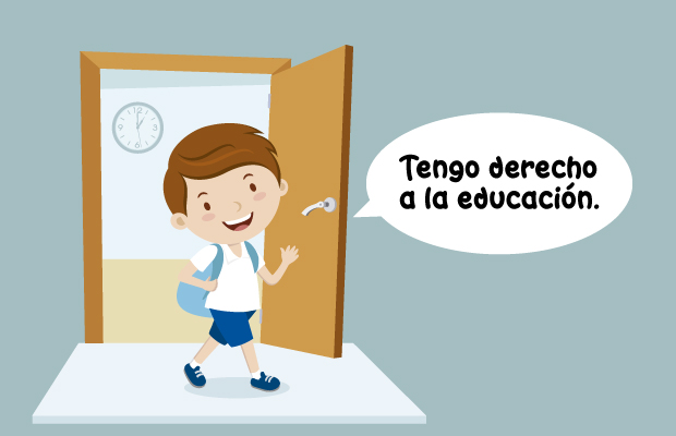 Niño entrando por una puerta. "Tengo derecho a la educación"