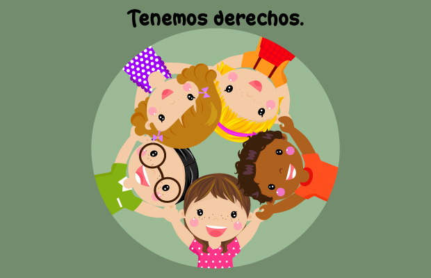 Niños y niñas tomados de la mano en círculo, bajo la frase "Tenemos derechos"