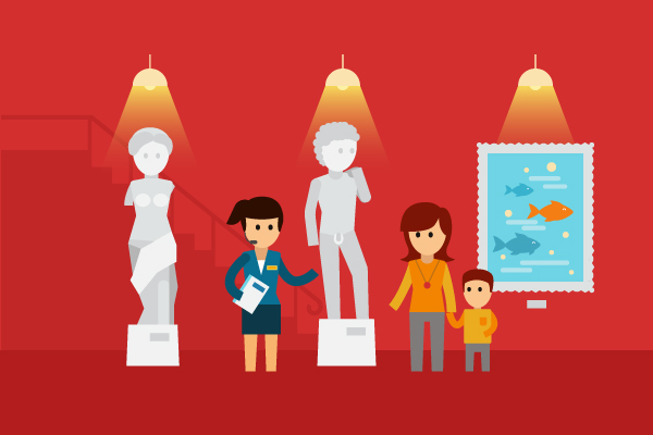 Guía de museo con madre e hijo