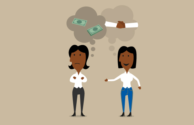 Dos mujeres con distintos intereses personales. Una piensa en el dinero, otra piensa en hacer un acuerdo.