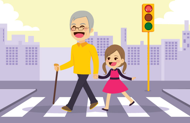 Niña ayudando a un adulto mayor a cruzar la calle