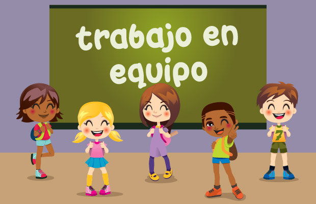 Alumnos y alumnas con anuncio en pizarrón de "Trabajo en equipo"