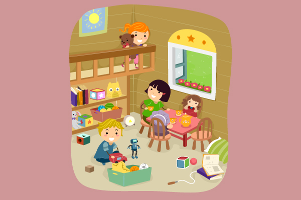 Niños jugando su responbsabilidad es ordenar sus juguetes