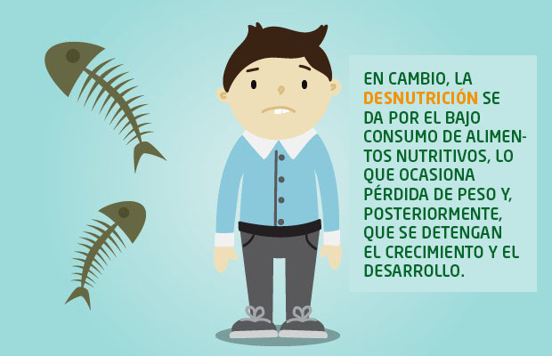 EN CAMBIO, LA DESNUTRICIÓN SE DA POR EL BAJO CONSUMO DE ALIMENTOS NUTRITIVOS, LO QUE OCASIONA PÉRDIDA DE PESO Y, POSTERIORMENTE, QUE SE DETENGA EL CRECIMIENTO Y EL DESARROLLO DEL ORGANISMO.
