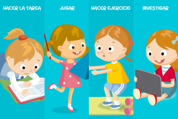 HACER LA TAREA, JUGAR, HACER EJERCICIO, INVESTIGAR