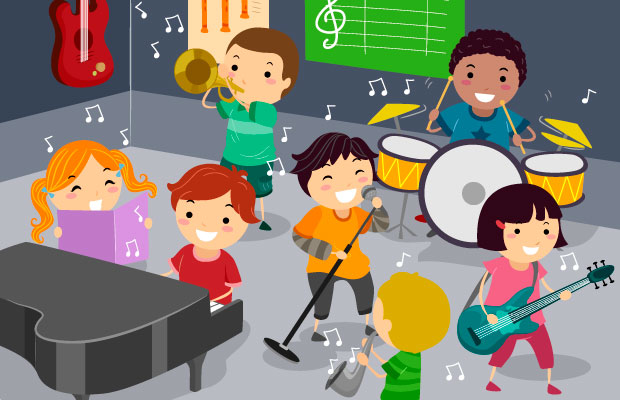 Niños y niñas en orquesta escolar