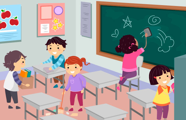 Niños ordenando y limpiando el aula de clases