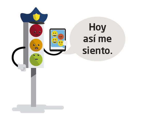 Personaje semáforo mostrando tablet con diferentes emociones