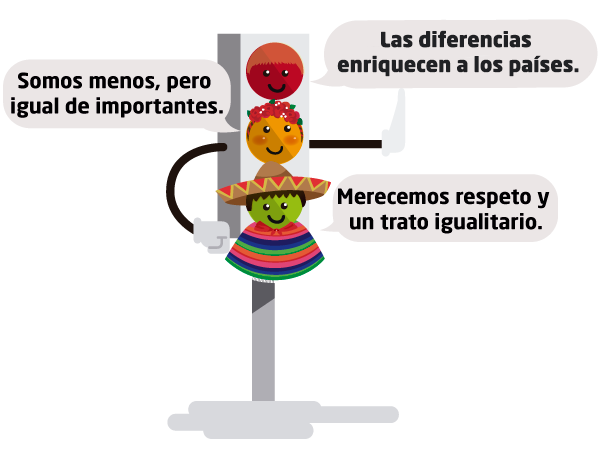 Personaje semáforo: somos menos pero igual de importantes, las diferencias enriquecen a los países, merecemos respeto y un trato igualitario