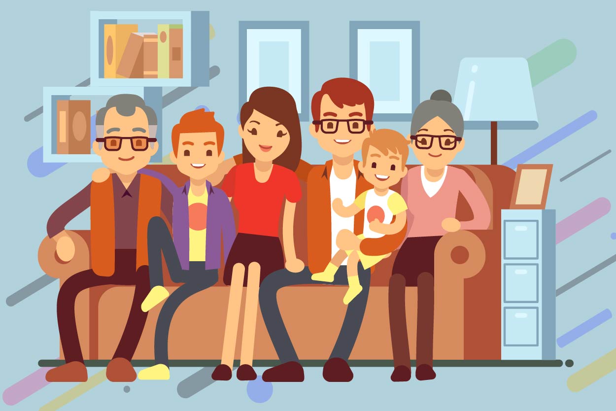 Familia sentada en un sofá, abuelos, padres e hijos