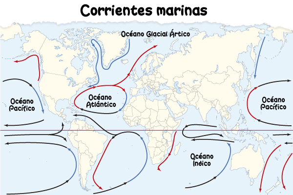 Mapa con corrientes marinas