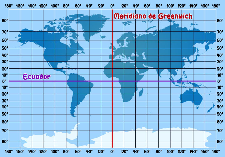 Mapa planisferio paralelos meridianos hemisferios coordenadas