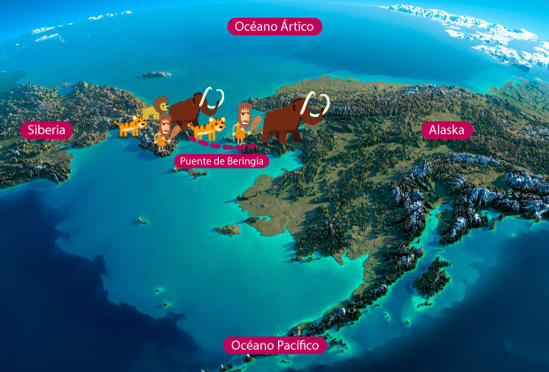 Fotografía aérea del puente de Beringia, que separa Siberia y Alaska, con animales de gran tamaño cruzándolo hasta Alaska.