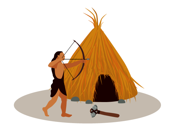 Hombre prehistórico con arco y flecha afuera de carpa