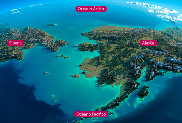 Fotografía aérea del puente de Beringia, que separa Siberia y Alaska.
