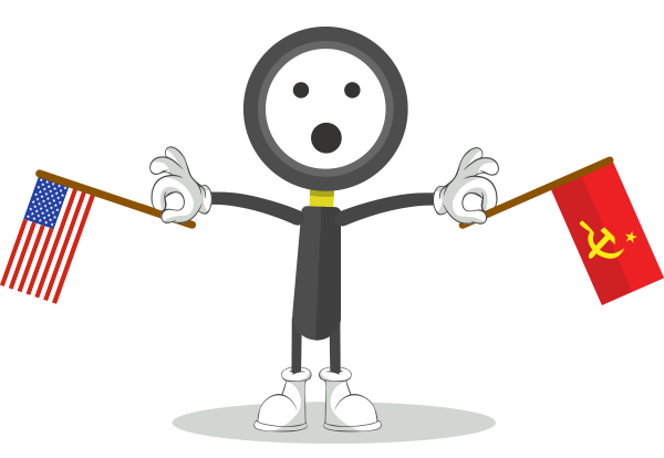Personaje Lupa con banderas de Estados Unidos y de Unión Sovética