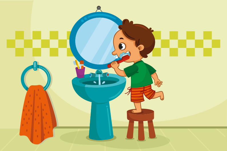 NIÑO LAVAR DIENTES CEPILLAR CEPILLO PASTA ASEO BAÑO LAVABO CANILLA TIRARA AGUA DESPERDICIAR GASTAR BANCO ESPEJO SUBIR ALCANZAR