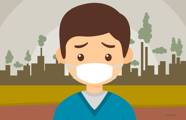 Hombre con tapabocas con fondo de ciudad de ciudad contaminada