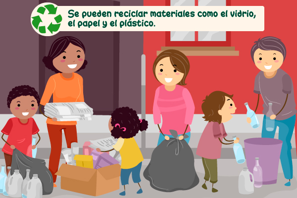 Se pueden reciclar materiales como el vidrio, el papel y el plástico,