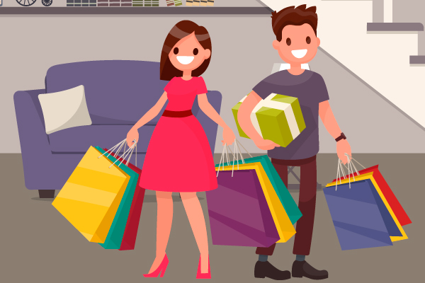 HOMBRE Y MUJER CON EXCESO DE CONSUMO DE PRODUCTOS