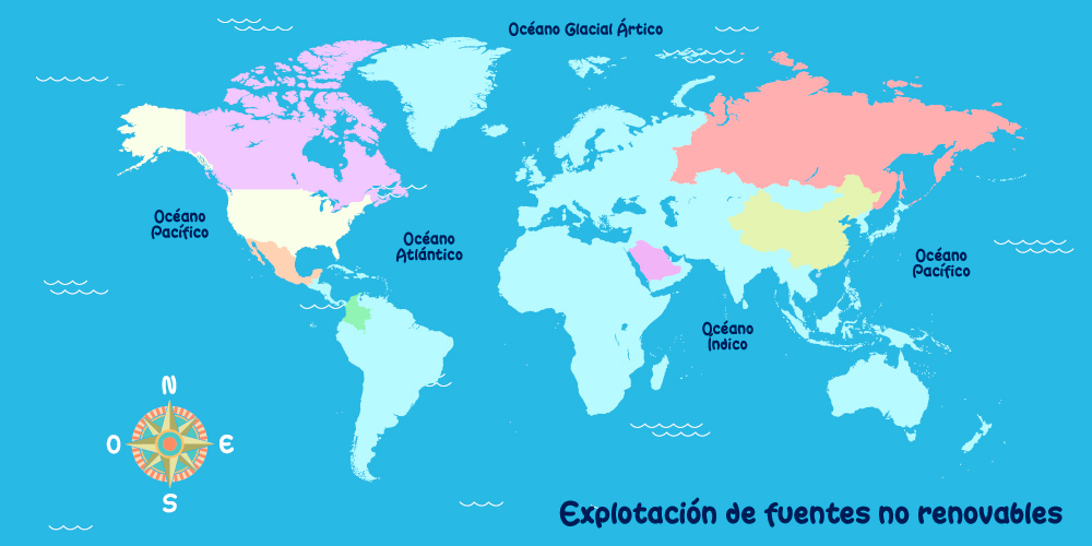 Mapa de explotación de fuentes no renovables en el mundo