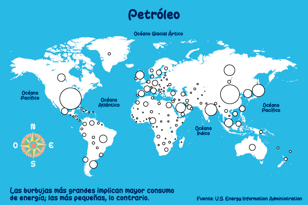 Mapa del mundo con burbujas indicando el consumo de energía de petróleo. Las burbujas más grandes implican mayor consumo de energía; las más pequeñas, lo contrario.