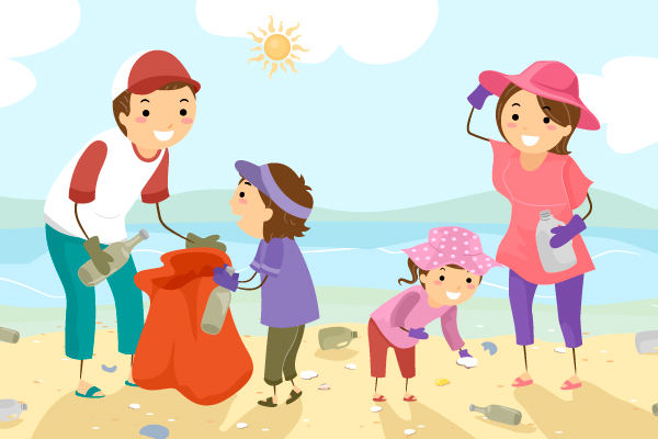 Familia recogiendo basura de la playa