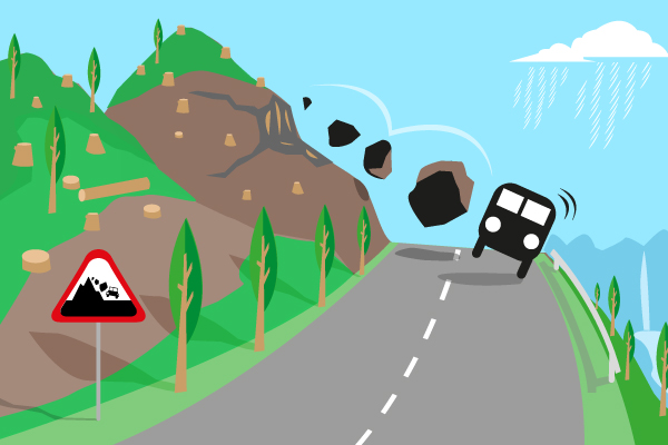 Auto tambaleándose en carretera por deslizamiento de rocas